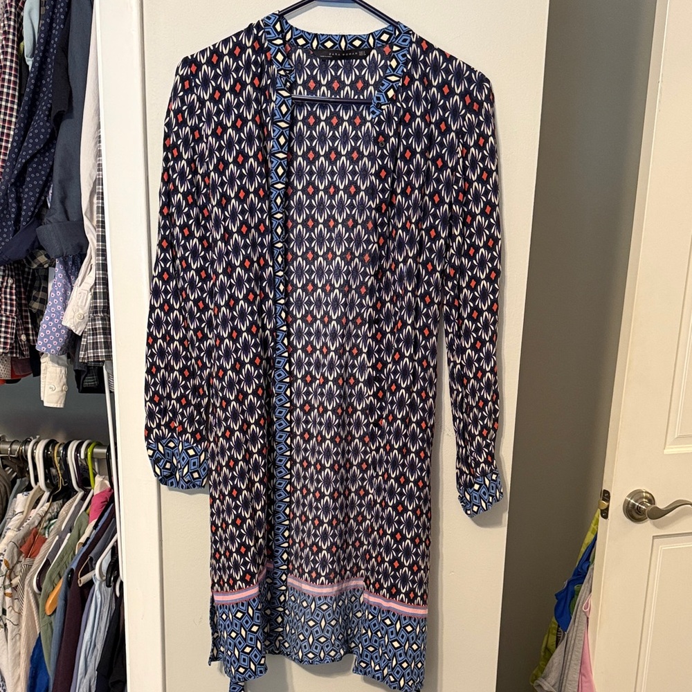 Zara Woman Blue/White/Coral Patterned Tunic Shirt Dress, Knee Length, Size S